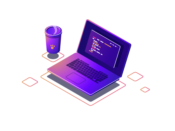 Computador, café e
cubos, decoração da seção home.